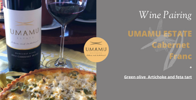 UMAMU Estate Cabernet Franc with Green Olive, Artichoke and Feta Tart