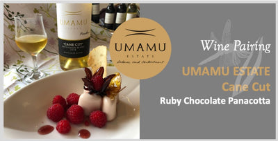 UMAMU Estate Cane Cut with Raspberry Ruby Chocolate Panacotta with Hibiscus Flower, Sesame Tuile And Balsamic Toffee